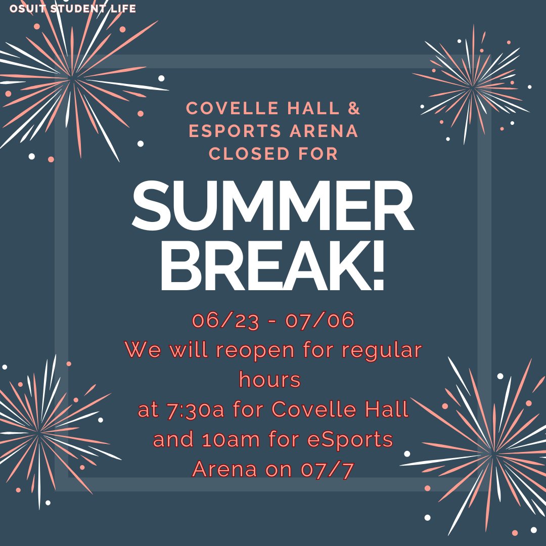 OSUIT_SL's tweet image. Covelle Hall and the eSports Arena will be closed for summer break! We hope everyone enjoys the break!
#osuit #osuitproud #okstate #gopokes