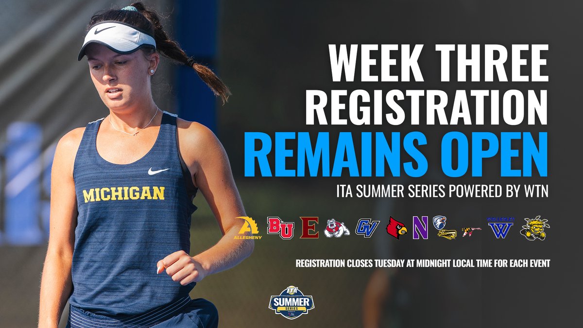 ITA_Tennis's tweet photo. Another Loaded Week Of Tournaments ☀️

Don't miss your chance to play in one of over ten tournaments happening in week three of the ITA Summer Series powered by WTN!

🔗 https://t.co/FDP6cZDwca (Register)

#WeAreCollegeTennis | #ITASummerSeries