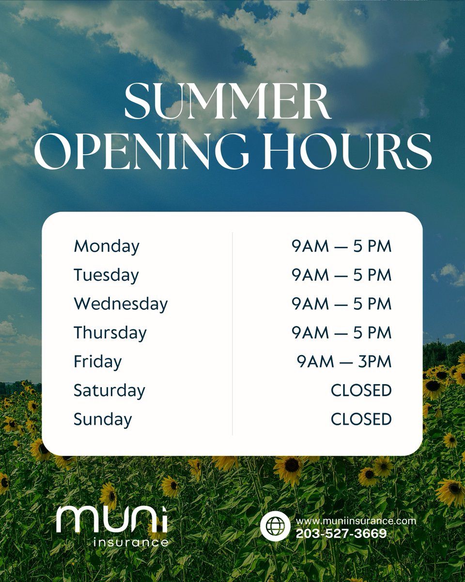 Muniinsurance's tweet image. Happy first day of summer! ☀️

We’ve adjusted our hours to better serve you this summer. 
Have a question? Give us a call: 203-203-527-3669
#muniinsurance #firstdayofsummer #insuranceoptions #personalinsurance #businessinsurance #welovewhatwedo #insurance