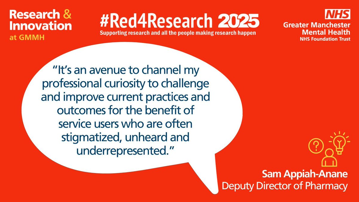 GMMH Research & Innovation (@gmmhresearch) on Twitter photo “It’s an avenue to channel my professional curiosity to challenge and improve current practices and outcomes for the benefit of service users who are often stigmatized, unheard and underrepresented.” - Sam Appiah-Anane, Deputy Director of Pharmacy <a href="/GMMH_NHS/">Greater Manchester Mental Health</a>
#Red4Research “It’s an avenue to channel my professional curiosity to challenge and improve current practices and outcomes for the benefit of service users who are often stigmatized, unheard and underrepresented.” - Sam Appiah-Anane, Deputy Director of Pharmacy <a href="/GMMH_NHS/">Greater Manchester Mental Health</a>
#Red4Research