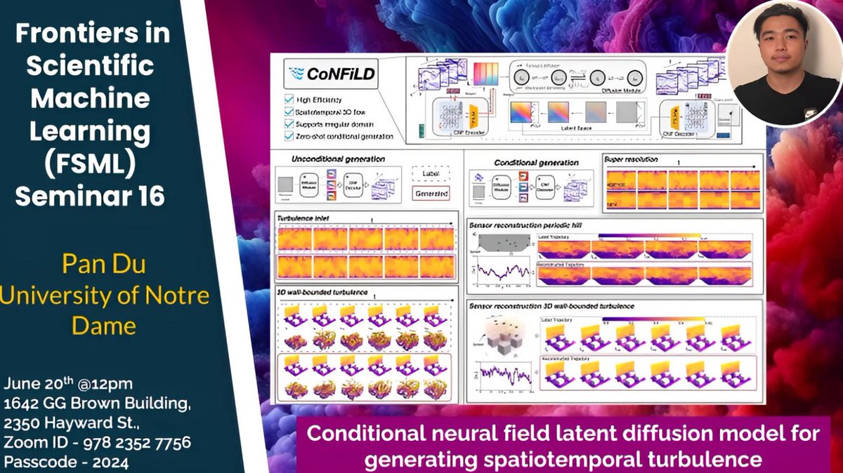 Join us FRIDAY, 6/20 @ NOON in 1642 GG Brown for a Frontiers in Scientific Machine Learning lecture. Pan Du (University of Notre Dame): Conditional neural field latent diffusion model for generating spatiotemporal turbulence. micde.umich.edu/event/frontier…
Zoom: umich.zoom.us/j/97823527756?…