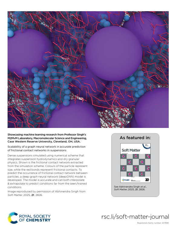 Pumped for the first student work published and featured on the cover of <a href="/softmatter/">Soft Matter</a>. We utilize a deepGNN framework to predict the frictional contact network in dense suspensions -- the first work on the machine learning approach. A tutorial below Link pubs.rsc.org/en/content/art…