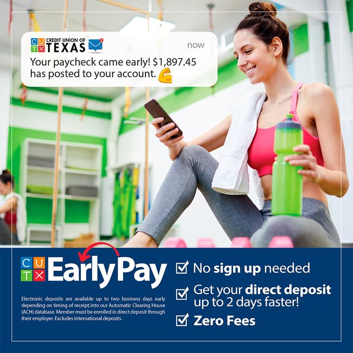 CUTexas's tweet image. Tired of waiting for payday? As a CUTX member, you don't have to! Say hello to Early Pay. 👋 Setup direct deposit to your CUTX checking account and get your money up to two days before your normal payday*.💲
*Terms and conditions: cutx.org/learn/disclosu…