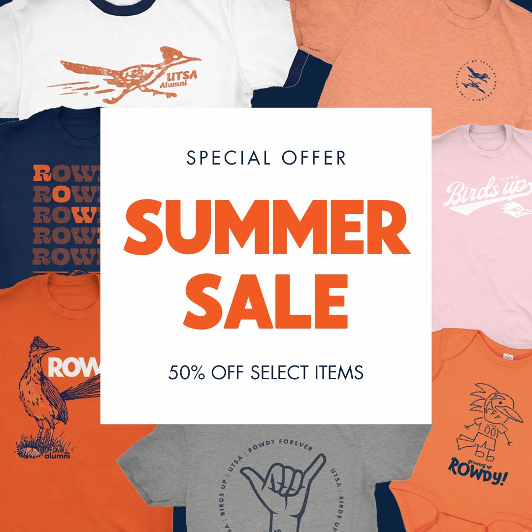 Summer 𝗦𝗔𝗟𝗘 is 🔛! Enjoy 50% off select UTSA Alumni merch!

Shop now: bit.ly/4n9pNED