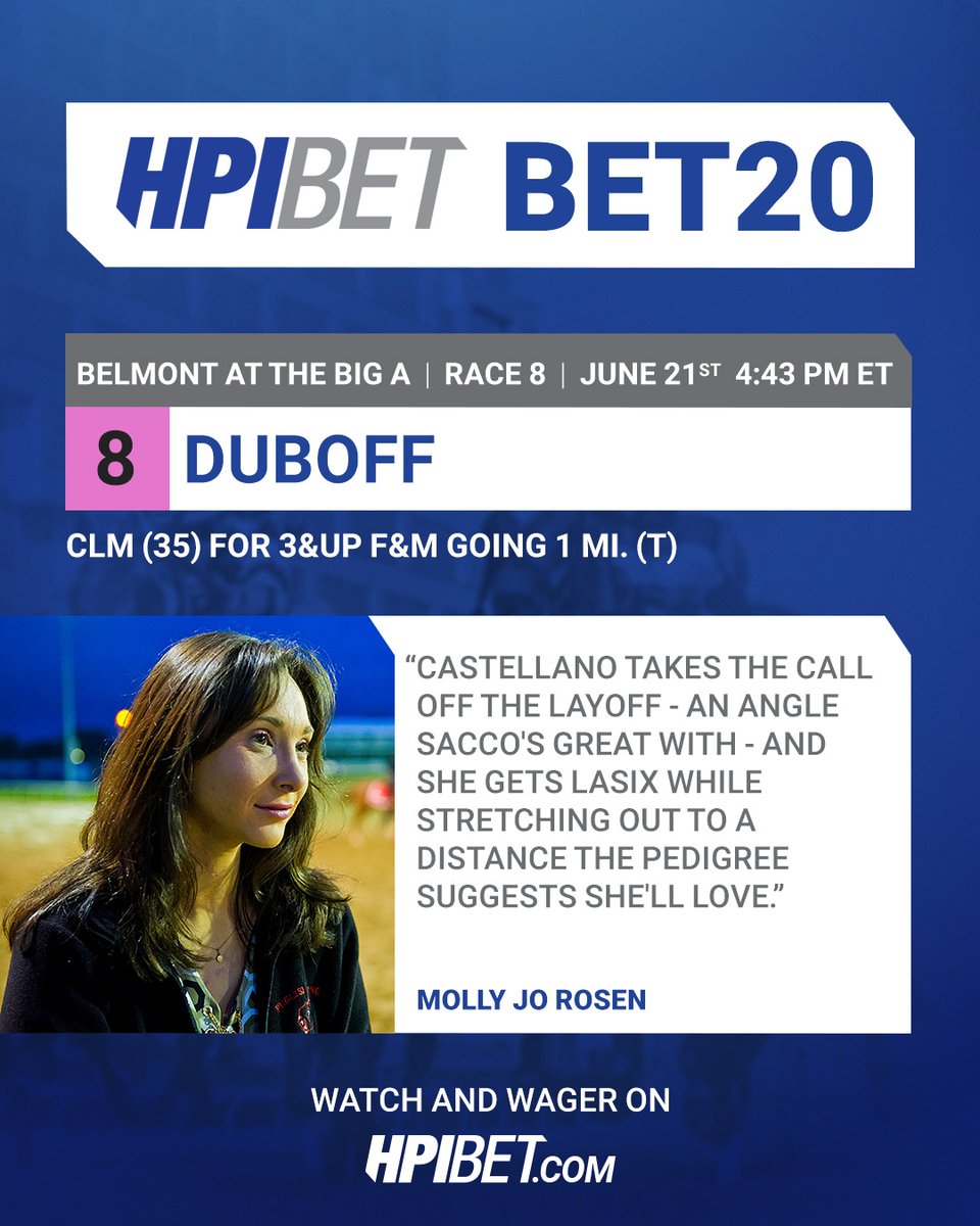 HPIbet (@hpibet) on Twitter photo .<a href="/MollyJoRosen/">MollyJoRosen</a> is looking at Duboff in Race 9 at Belmont at the Big A this weekend for her $20 win bet of the week. πΈ .<a href="/MollyJoRosen/">MollyJoRosen</a> is looking at Duboff in Race 9 at Belmont at the Big A this weekend for her $20 win bet of the week. πΈ