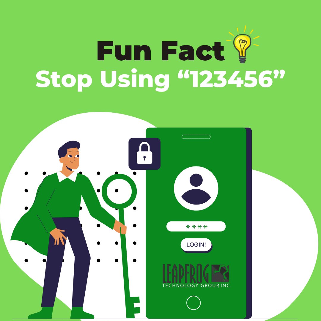 Leapfrog Technology Group (@leapfrogtech) on Twitter photo ๐ "123456" is STILL the most-used password. ๐ฌ You can do better. โ
Use a password manager โ
Turn on MFA โ
Train your team (we'll help!) ๐ 615-395-3091 ๐ ineedleapfrog.com ๐ง KH@LFROG.COM #CyberSecurity #PasswordTips #SmallBizTech #MFA #MSP ๐ "123456" is STILL the most-used password. ๐ฌ You can do better. โ
Use a password manager โ
Turn on MFA โ
Train your team (we'll help!) ๐ 615-395-3091 ๐ ineedleapfrog.com ๐ง KH@LFROG.COM #CyberSecurity #PasswordTips #SmallBizTech #MFA #MSP