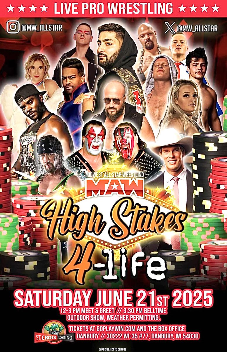 Koda Jacobs (@kodajacobs_) on Twitter photo 💥TOMORROW💥
<a href="/MW_AllStar/">Midwest All-Star Wrestling</a> & #StCroixCasinos present #MAWHighStakes 4-Life
📍 DANBURY, WI
🕒 SPECIAL START TIME 🕒
🤝 👋 12-3P
🛎️ 3:30 PM
🎟️ tempotickets.com/stcroixcasinos 💥TOMORROW💥
<a href="/MW_AllStar/">Midwest All-Star Wrestling</a> & #StCroixCasinos present #MAWHighStakes 4-Life
📍 DANBURY, WI
🕒 SPECIAL START TIME 🕒
🤝 👋 12-3P
🛎️ 3:30 PM
🎟️ tempotickets.com/stcroixcasinos