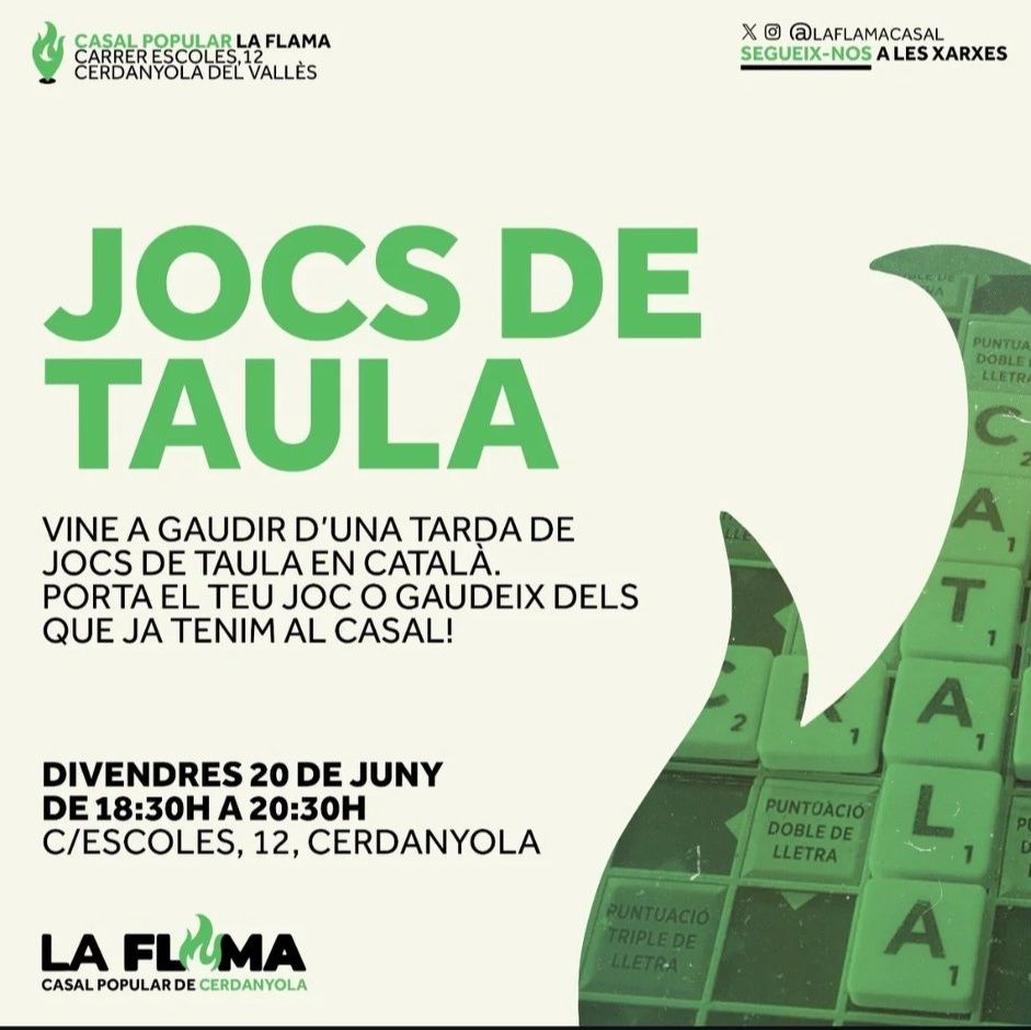 CNLVallèsOccidental3 (@cnlvo3) on Twitter photo Tornen les tardes de jocs al Casal popular La Flama, entitat adherida al programa Totjoc! Aquesta tarda, a partir de les 18.30 h. Us hi esperem!
<a href="/LaFlamaCasal/">Casal Popular La Flama</a> #totjoc Tornen les tardes de jocs al Casal popular La Flama, entitat adherida al programa Totjoc! Aquesta tarda, a partir de les 18.30 h. Us hi esperem!
<a href="/LaFlamaCasal/">Casal Popular La Flama</a> #totjoc