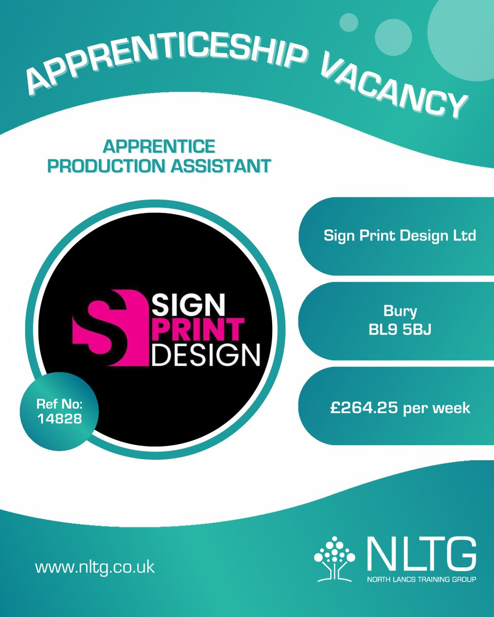 📣 APPRENTICESHIP VACANCY: Apprentice Production Assistant!

Sign Design Print Ltd
£264.25 per week
Bury, BL9 5BJ
Vacancy Ref No: 14828

nltg.co.uk/job/14828/

#Apprenticeships