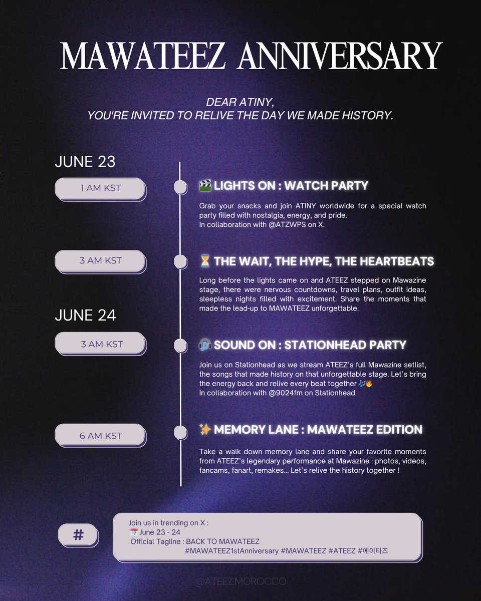 ATEEZ MOROCCO (에이티즈 모로코) (@ateezmad) on Twitter photo ATINY, you are invited…
A year ago, history was made with you. Now it’s time to relive it together. Check the full schedule, we’re looking forward to your participation ⏳
BACK TO MAWATEEZ
#MAWATEEZ1stAnniversary #MAWATEEZ #ATEEZ #에이티즈 <a href="/ATEEZofficial/">ATEEZ(에이티즈)</a> ATINY, you are invited…
A year ago, history was made with you. Now it’s time to relive it together. Check the full schedule, we’re looking forward to your participation ⏳
BACK TO MAWATEEZ
#MAWATEEZ1stAnniversary #MAWATEEZ #ATEEZ #에이티즈 <a href="/ATEEZofficial/">ATEEZ(에이티즈)</a>