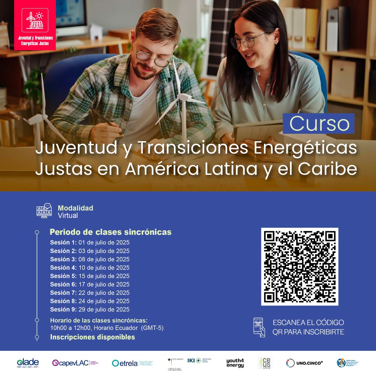 🧑‍🏫 ¡Inscripciones abiertas!  
¿Eres joven y te interesa el cambio climático, la energía limpia y el liderazgo? Súmate al curso “Juventud y Transiciones Energéticas Justas en América Latina y el Caribe” 🌎

Organizado por <a href="/OLADEORG/">OLADE</a> junto <a href="/iki_germany/">IKI Germany</a> , #Youth4Energy,