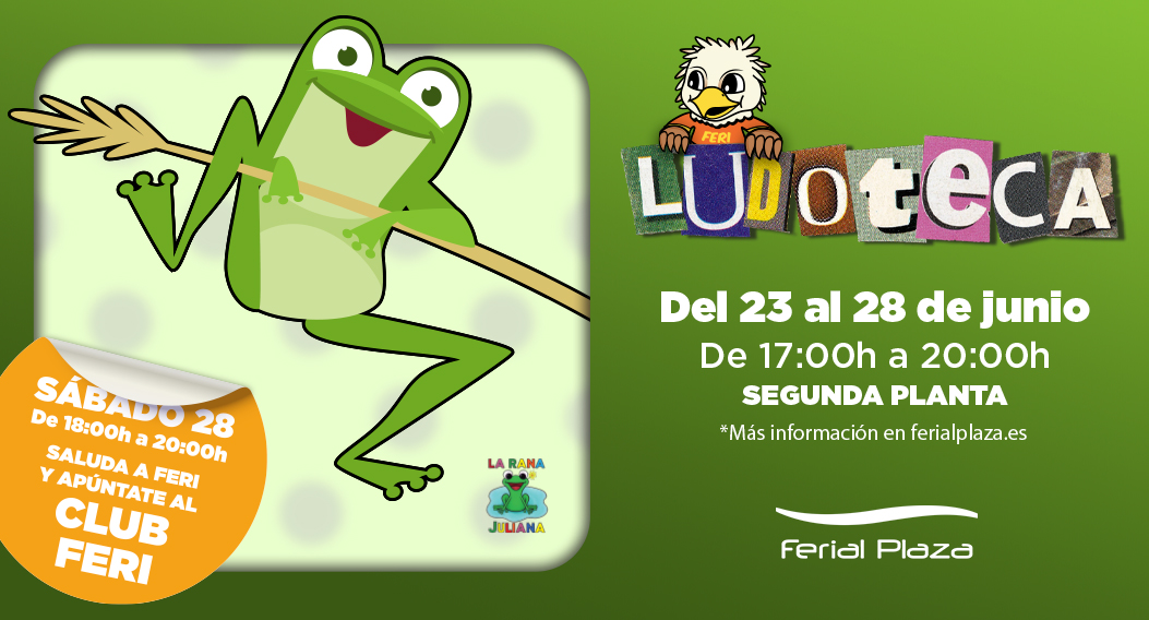 🐸 ¡Vuelve La Rana Juliana a Ferial Plaza! ✨

📅 Del 23 al 28 de junio
🕔 Horario: de 17:00 a 20:00 h
📍 Segunda Planta - Actividades infantiles gratuitas.

📌 Además el último día, Feri también estará para hacerte fotos 📸 y ¡puedes apuntarte al Club Feri!

 #ConectadosContigo