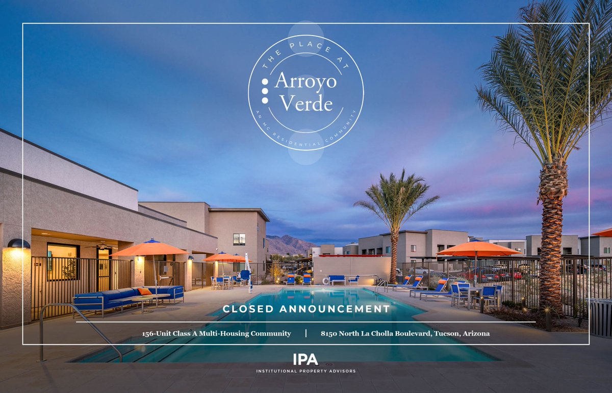 CLOSED ANNOUNCEMENT: The Place at Arroyo Verde | Tucson, AZ | 156 Units | Cliff David, Steve Gebing, Hamid Panahi &amp; Clint Wadlund 

Read this article by ConnectCRE to learn more about the sale: connectcre.com/stories/tucson…  

#ipa #cre #commercialrealestate #multifamily