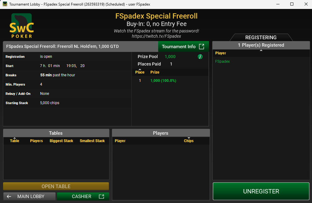 FSpadexx's tweet photo. FREEROLL @SwCPoker
Password en stream
https://t.co/aLNxuGQkVw
#swc #bsop #freeroll #fspadex
Registrate en SwCPoker https://t.co/0dHHJVKBp8 y participa de 100 mensuales y torneos exclusivos CODIGO FSPADEX https://t.co/kHVqeD8fw1