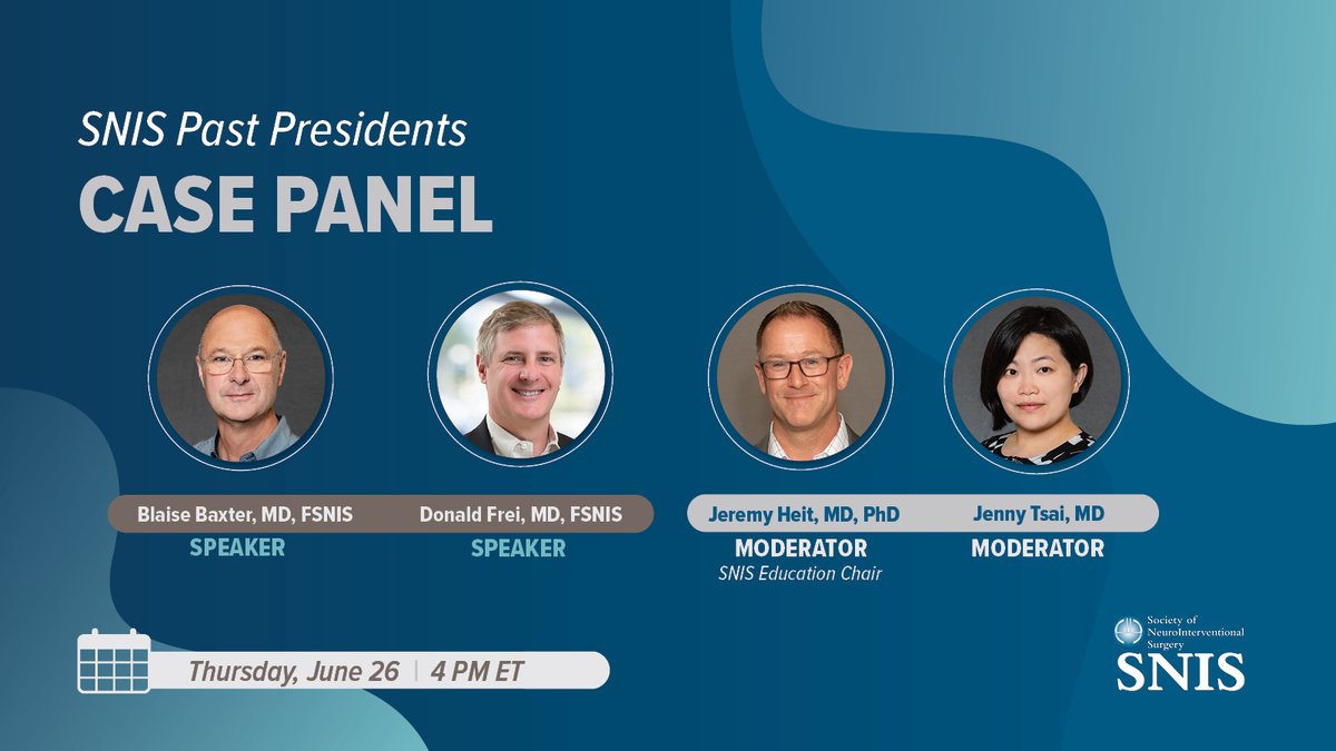 SNIS Info (@snisinfo) on Twitter photo The next #SNISInsights webinar “SNIS Past President’s Case Panel” is 6/26 at 4:00PM ET. SNIS Past Presidents <a href="/blaise_baxter/">Blaise Baxter</a> & <a href="/donfreimd/">Donald Frei</a> will sit down with SNIS Education Chair <a href="/JeremyHeitMDPHD/">Jeremy Heit, MD, PhD</a> and <a href="/JPTsaiMD/">Jenny P. Tsai MD</a>. See you there!
Register: register.gotowebinar.com/register/89654… The next #SNISInsights webinar “SNIS Past President’s Case Panel” is 6/26 at 4:00PM ET. SNIS Past Presidents <a href="/blaise_baxter/">Blaise Baxter</a> & <a href="/donfreimd/">Donald Frei</a> will sit down with SNIS Education Chair <a href="/JeremyHeitMDPHD/">Jeremy Heit, MD, PhD</a> and <a href="/JPTsaiMD/">Jenny P. Tsai MD</a>. See you there!
Register: register.gotowebinar.com/register/89654…