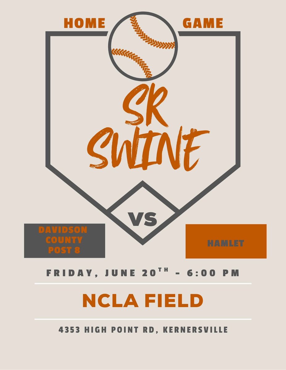 Friday, June 20th! ⚾

JR BLACK
🆚 At Wheatmore High School
⏰ 7:00 PM
📍 3678 Finch Farm Rd, Trinity

JR ORANGE
🆚 VS Elkin
⏰ 5:00 PM
📍 Holt Moffitt, 101 W 9th Ave, Lexington

SR SWINE
🆚 VS Hamlet
⏰ 6:00 PM
📍 NCLA Field, 4353 High Point Rd, Kernersville