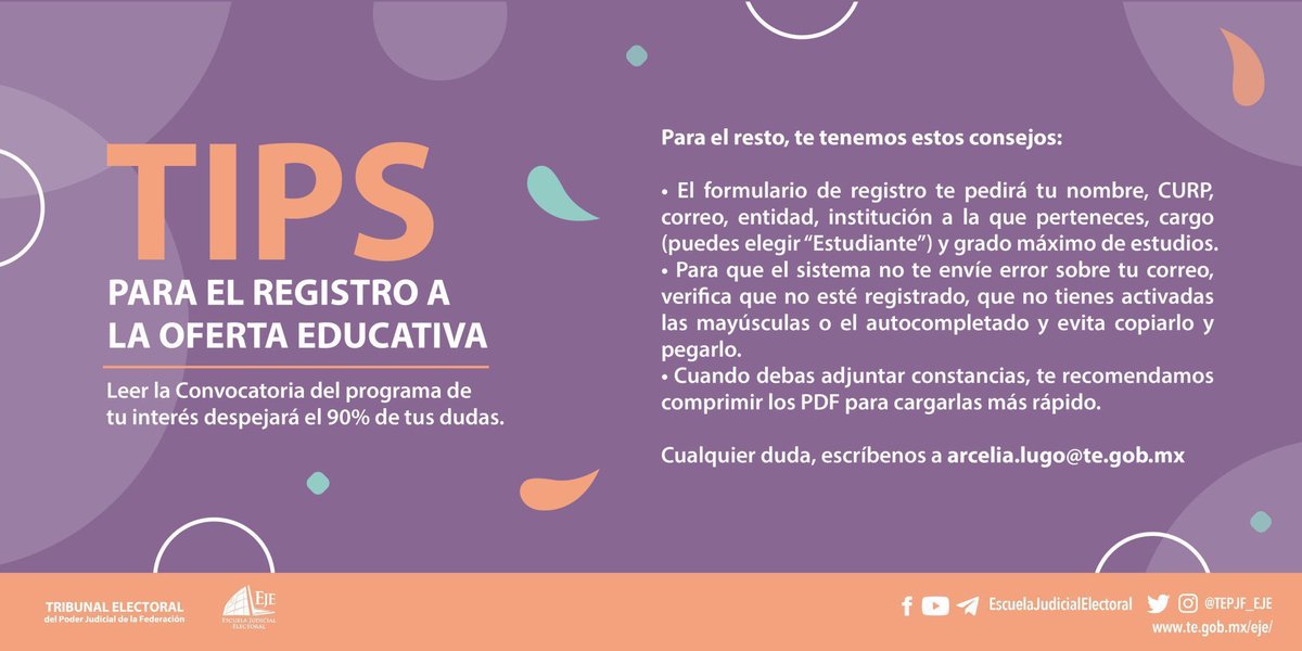 Escuela Judicial Electoral (@tepjf_eje) on Twitter photo 🤔¿Problemas para inscribirte a nuestra oferta educativa? ¡Descuida, nosotros te ayudamos! 🎓
📚 Consulta nuestros #TIPS para un registro sin complicaciones y asegúrate de seguir estos consejos para evitar errores.
Cualquier duda, escríbenos a arcelia.lugo@te.gob.mx 🤔¿Problemas para inscribirte a nuestra oferta educativa? ¡Descuida, nosotros te ayudamos! 🎓
📚 Consulta nuestros #TIPS para un registro sin complicaciones y asegúrate de seguir estos consejos para evitar errores.
Cualquier duda, escríbenos a arcelia.lugo@te.gob.mx