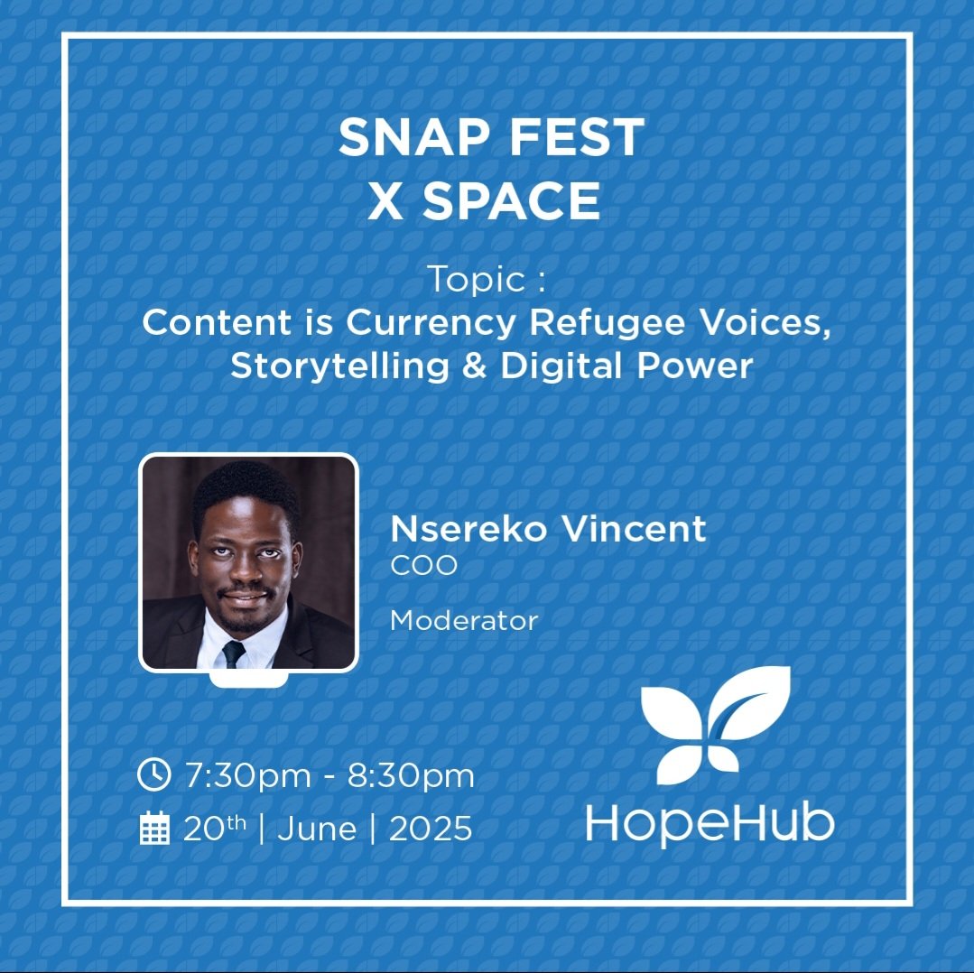 SiphoUganda's tweet photo. Join @HopeHubUg tonight at 7:30 PM for an X Space on digital power & storytelling:
Content is Currency.
Host: @hostedbyvincent
Panelists: @AishaSalwe52589, @ramhadji
#SnapFest #RefugeeVoices #WorldRefugeeDay https://t.co/Na94MYhpfI