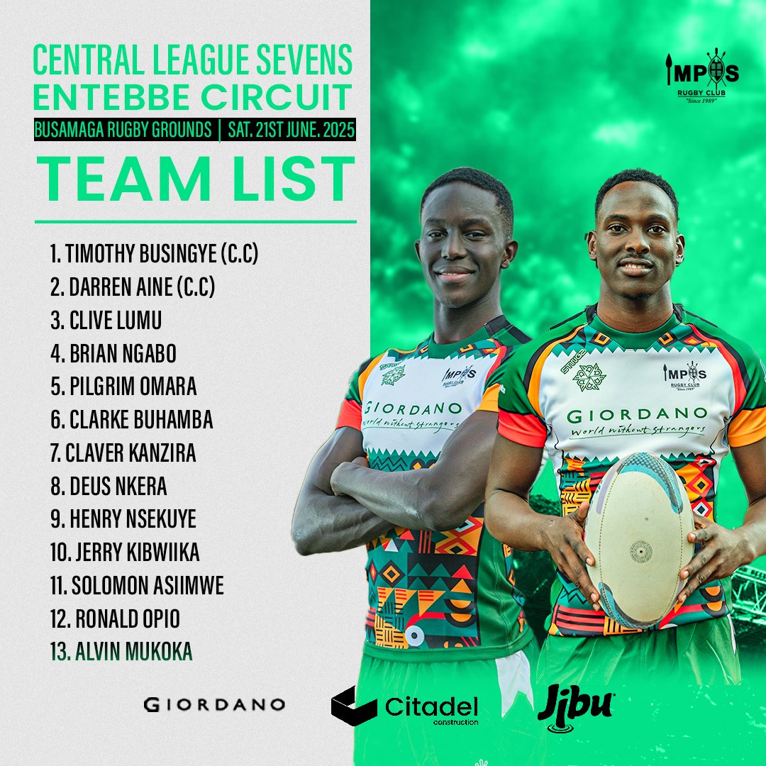 Impis Rugby Club (@impisrfc) on Twitter photo This is how we attack Circuit 1 of the #Central7s 2025 💪🏾
We shall tussle it out this Saturday in Entebbe alongside <a href="/KisubiPacersRfc/">Kisubi Pacers Rfc #MentalHealthAwareness</a> & <a href="/BluePhoenixSprt/">Blue Phoenix Sports Ltd</a> in Group B!
Captains; <a href="/BusingyeTimothy/">timzy</a> & Darren Aine to spearhead the #ARROGANCE 💚 This is how we attack Circuit 1 of the #Central7s 2025 💪🏾
We shall tussle it out this Saturday in Entebbe alongside <a href="/KisubiPacersRfc/">Kisubi Pacers Rfc #MentalHealthAwareness</a> & <a href="/BluePhoenixSprt/">Blue Phoenix Sports Ltd</a> in Group B!
Captains; <a href="/BusingyeTimothy/">timzy</a> & Darren Aine to spearhead the #ARROGANCE 💚