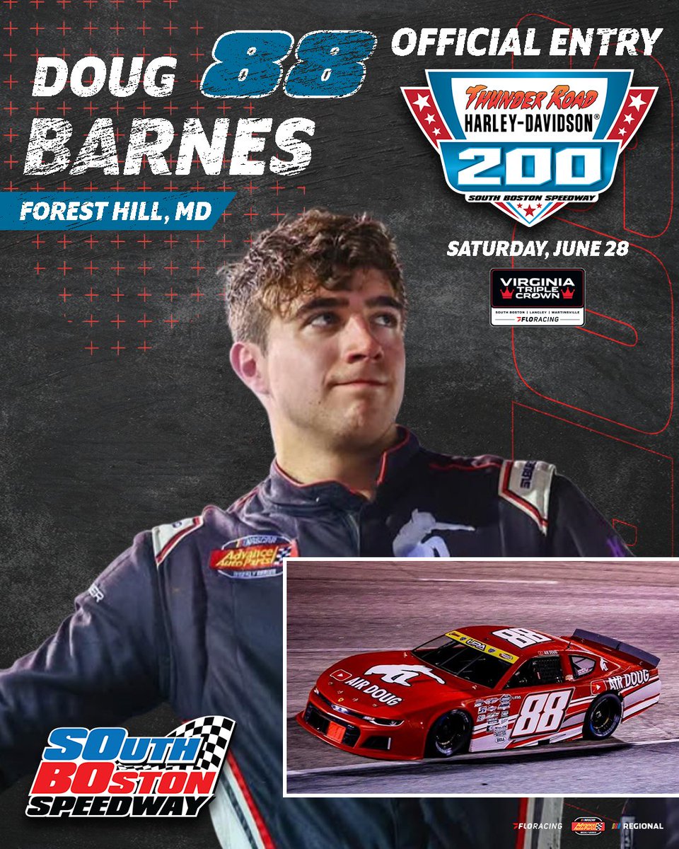 South Boston Speedway (@sobospeedway57) on Twitter photo 𝐂𝐀𝐓𝐂𝐇𝐈𝐍𝐆 𝐀𝐈𝐑 ⏫ <a href="/DougBarnesJr88/">Doug Barnes Jr</a> will make his first-ever start in the Thunder Road-Harley Davidson 200 this year!
He'll be piloting his No. 88 out of the stable of six-time #TRHD200 winner <a href="/LeePulliam11/">Lee Pulliam</a>.
Event and Ticket Info: southbostonspeedway.com/trhd200 𝐂𝐀𝐓𝐂𝐇𝐈𝐍𝐆 𝐀𝐈𝐑 ⏫ <a href="/DougBarnesJr88/">Doug Barnes Jr</a> will make his first-ever start in the Thunder Road-Harley Davidson 200 this year!
He'll be piloting his No. 88 out of the stable of six-time #TRHD200 winner <a href="/LeePulliam11/">Lee Pulliam</a>.
Event and Ticket Info: southbostonspeedway.com/trhd200