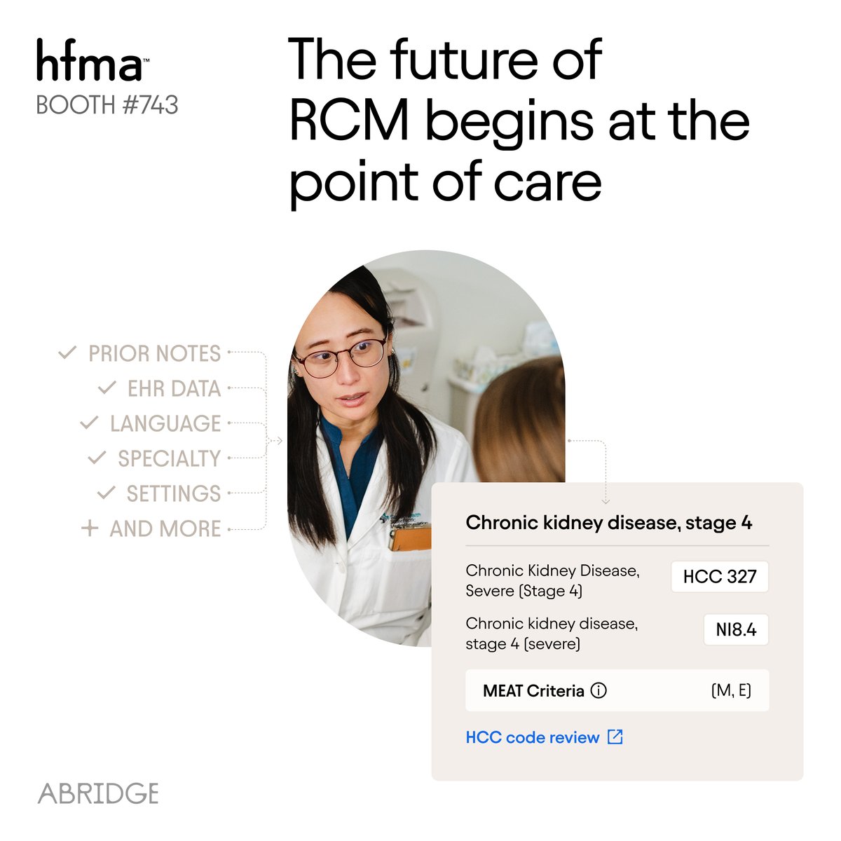 AbridgeHQ's tweet image. 🔮 What’s next for revenue cycle management? Join Abridge at the @hfmaorg Annual Conference in Denver June 22-25 to learn about the next phase of RCM, automating more of what happens behind the scenes and enabling teams to operate with unparalleled efficiency.
Attend our panel:…
