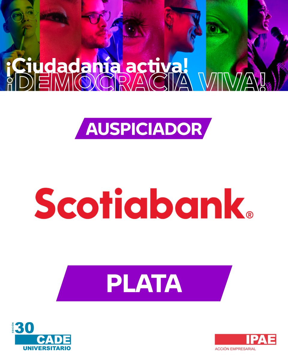 IPAE Acción Empresarial (@ipaeperu) on Twitter photo Agradecemos a nuestro auspiciador PLATA 🎊 <a href="/ScotiabankPE/">Scotiabank Perú</a>, quién se une a la 30° edición de #CADEUniversitario, el encuentro de jóvenes líderes más importante del país, y se suma a nuestro compromiso de construir un Perú más desarrollado.
Conoce más aquí 👉 Agradecemos a nuestro auspiciador PLATA 🎊 <a href="/ScotiabankPE/">Scotiabank Perú</a>, quién se une a la 30° edición de #CADEUniversitario, el encuentro de jóvenes líderes más importante del país, y se suma a nuestro compromiso de construir un Perú más desarrollado.
Conoce más aquí 👉
