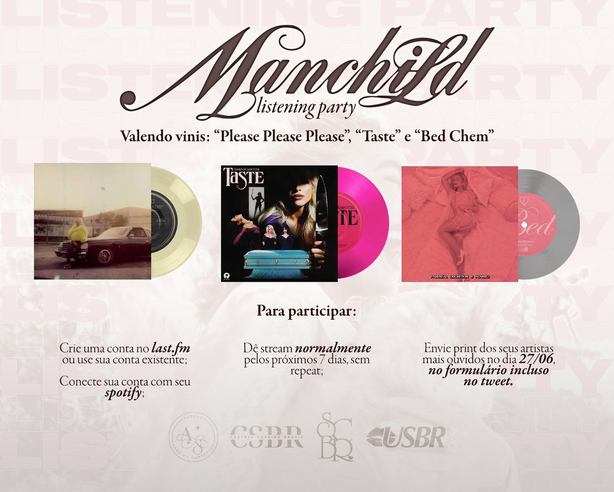 Listening Party de “Manchild” no Last.fm! 🩷

Valendo vinis da Sabrina: “Please Please Please”, “Taste” e “Bed Chem”. 

Leia abaixo para mais informações.