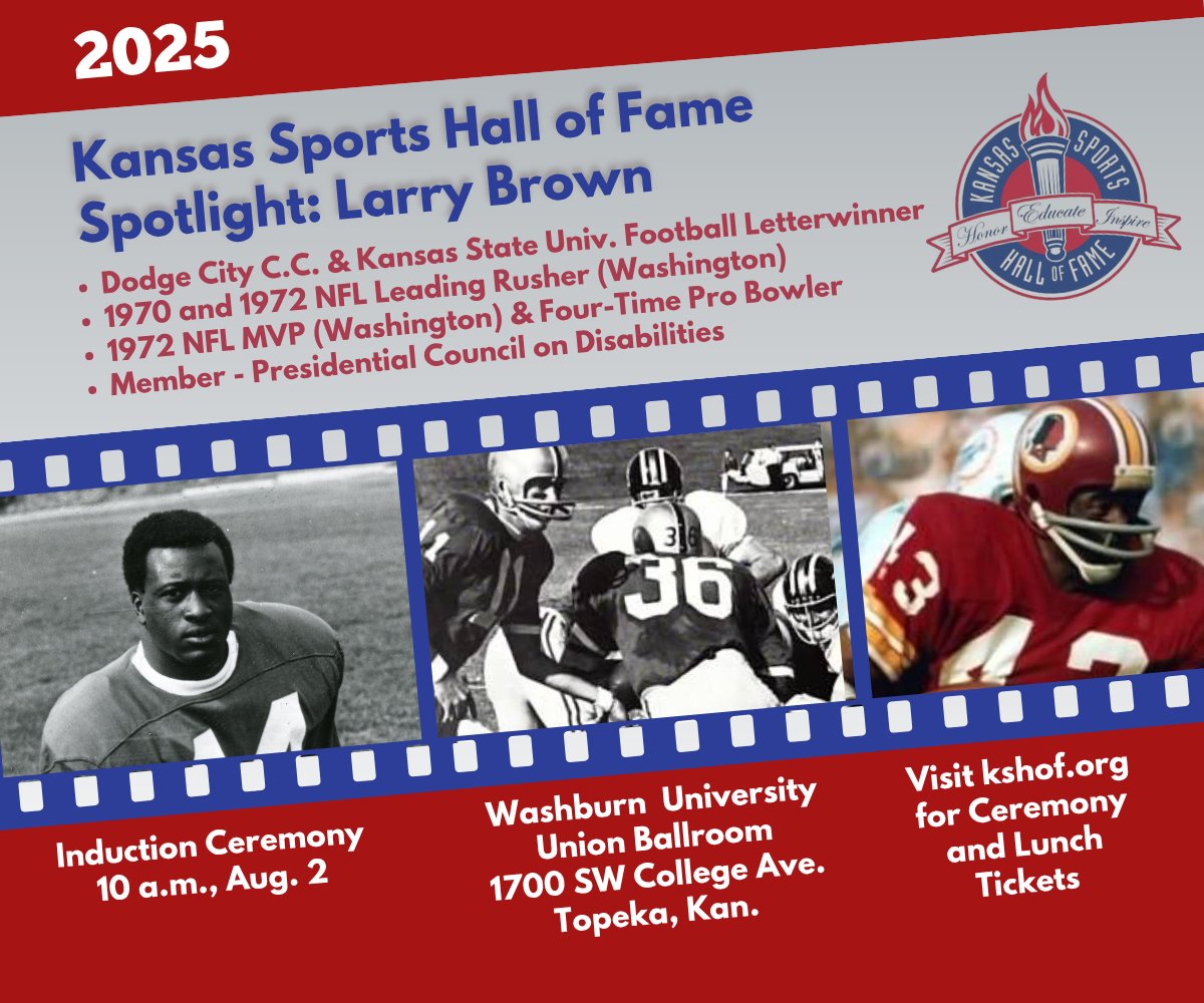 KS Sports HoF (@kshof) on Twitter photo Our countdown to the Aug. 2, KSHF induction ceremony spotlights Larry Brown. A Pittsburgh native, Brown attended <a href="/DodgeCityCC/">Dodge City CC</a> & <a href="/KStateFB/">K-State Football</a>. Tickets for the 10 a.m., ceremony followed by a lunch at the Washburn University Union in Topeka available at kshof.org. Our countdown to the Aug. 2, KSHF induction ceremony spotlights Larry Brown. A Pittsburgh native, Brown attended <a href="/DodgeCityCC/">Dodge City CC</a> & <a href="/KStateFB/">K-State Football</a>. Tickets for the 10 a.m., ceremony followed by a lunch at the Washburn University Union in Topeka available at kshof.org.