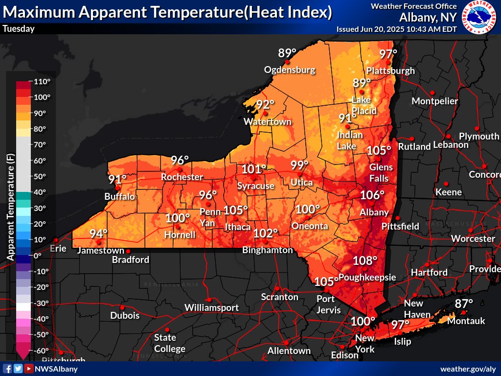 Extreme heat will impact most of the State beginning Sunday, with ‘feels-like’ temperatures potentially exceeding 100° through Tuesday.

New Yorkers should learn the signs of heat-related illnesses, find a cooling center, and prepare now. 

Learn more: bit.ly/4jYh99m