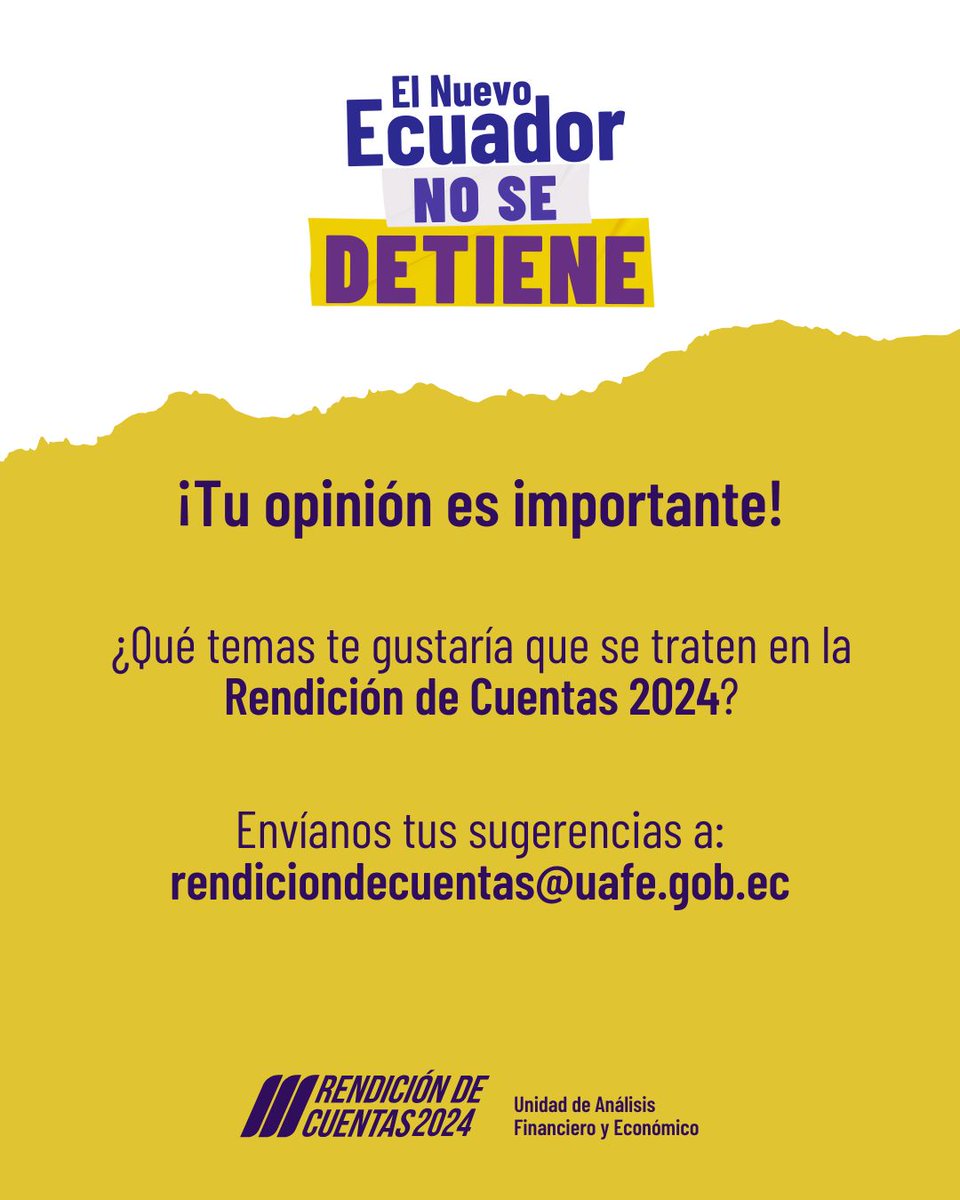 Unidad de Análisis Financiero y Económico (@uafe_ec) on Twitter photo ¡Tu opinión es importante!
No olvides enviarnos los temas que te gustaría que tratemos en la #RendiciónDeCuentas2024 de la UAFE.
🗓️Fecha límite de recepción: 30 de junio de 2025
📩rendiciondecuentas@uafe.gob.ec ¡Tu opinión es importante!
No olvides enviarnos los temas que te gustaría que tratemos en la #RendiciónDeCuentas2024 de la UAFE.
🗓️Fecha límite de recepción: 30 de junio de 2025
📩rendiciondecuentas@uafe.gob.ec