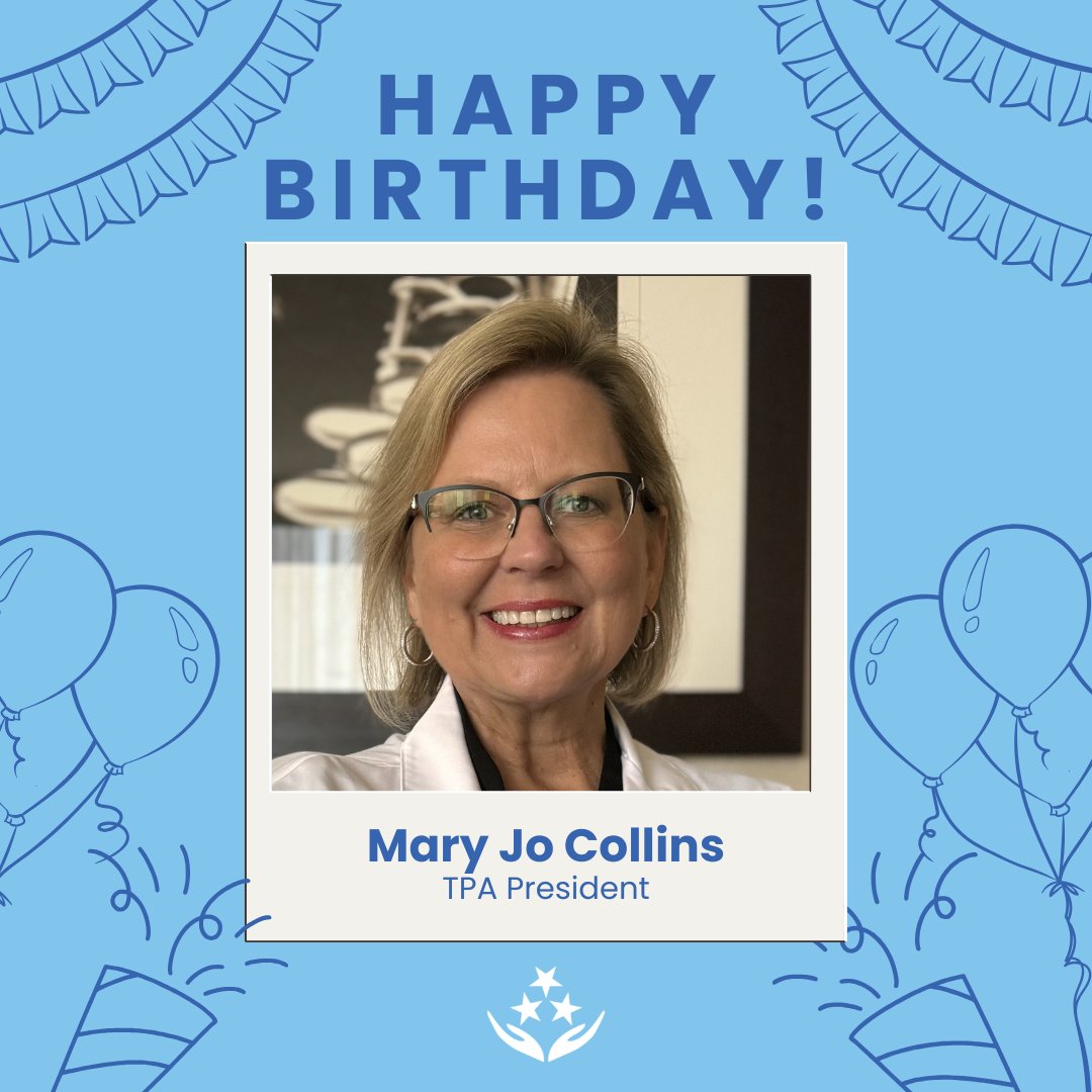 Happy Birthday to Mary Jo Collins, the 2024-2025 TPA President! We hope your day is as bright as you make ours! 

We hope everyone can join us next week in Gatlinburg at the TPA Summer Meeting to celebrate Mary Jo's year as President!