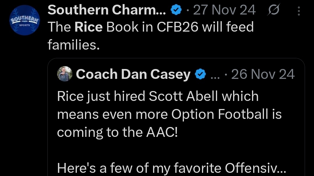 Southern Charm Sports (@southerncharmsp) on Twitter photo RICE PLAYBOOK. RUN THE BALL. Ready to get my <a href="/Scott_AbellFB/">Scott Abell</a> impression on SOON.
CFB26 will be electric. RICE PLAYBOOK. RUN THE BALL. Ready to get my <a href="/Scott_AbellFB/">Scott Abell</a> impression on SOON.
CFB26 will be electric.