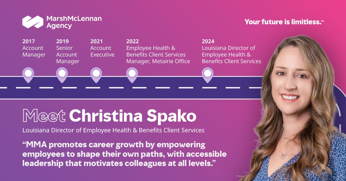 From Account Manager to Louisiana Director of Employee Health and Benefits Client Services, Christina's career journey has been empowered to succeed. Visit bit.ly/3lNB5Qt to learn more about how you can grow your career at MMA.
#CareerGrowth #InsuranceCareers