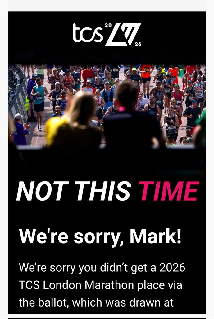Mark Arby (@markarby) on Twitter photo Just checked my email and sadly, I didn't get a place in the ballot to run in next year's #londonmarathon so no repeat of the joy of running it this year. Just checked my email and sadly, I didn't get a place in the ballot to run in next year's #londonmarathon so no repeat of the joy of running it this year.