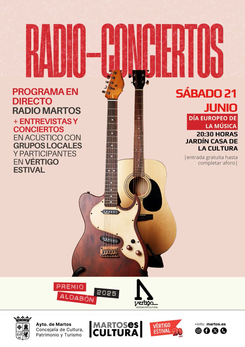 Este sábado 21 de junio desde las 20:30 celebraremos el Día Europeo de la Música con RADIO EN DIRECTO en los Jardines de la Casa de la Cultura de Martos.

<a href="/jaenenjulio/">Jaén en Julio</a> <a href="/AytoMartos/">Ayuntamiento Martos</a> <a href="/dipujaen/">Diputación de Jaén</a> <a href="/Cruzcampo/">Cruzcampo #ConMuchoAcento</a> <a href="/MelgarejoVirgin/">Melgarejo, extra virgin.</a> <a href="/jaenturismo/">Jaén ParaísoInterior</a> <a href="/HoraJaen/">Hora Jaén</a> <a href="/Cultura_Martos/">Martos Cultura</a> <a href="/entradas/">entradas.com</a>.com