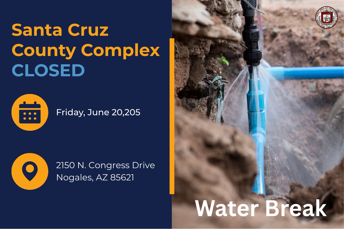 The Santa Cruz County Complex will be closed Friday, June 20, 2025, due to a water break.  Business will resume Monday, June 23, 2025, as usual.  

*This DOES NOT affect the court building.