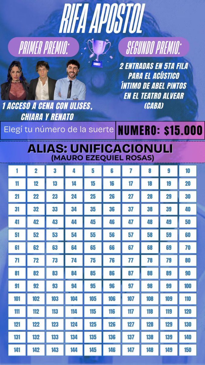 VODKΛ (@nachomivodka) on Twitter photo ÚLTIMA GRAN RIFA DE LA UNIFICACIÓN
•1 Acceso a la cena con Ulises, Chiara y Renato
•2 Entradas en 5ta fila para el acústico íntimo de ABEL PINTOS
—Valor: $15.000
—COMPRA ACÁ➡️ <a href="/unificacionuli/">Unificación Ulises Oficial🌵</a>
—ULISES AL 9009
¡Tu aporte suma, nuestro voto DEFINE!
#GranHermano ÚLTIMA GRAN RIFA DE LA UNIFICACIÓN
•1 Acceso a la cena con Ulises, Chiara y Renato
•2 Entradas en 5ta fila para el acústico íntimo de ABEL PINTOS
—Valor: $15.000
—COMPRA ACÁ➡️ <a href="/unificacionuli/">Unificación Ulises Oficial🌵</a>
—ULISES AL 9009
¡Tu aporte suma, nuestro voto DEFINE!
#GranHermano