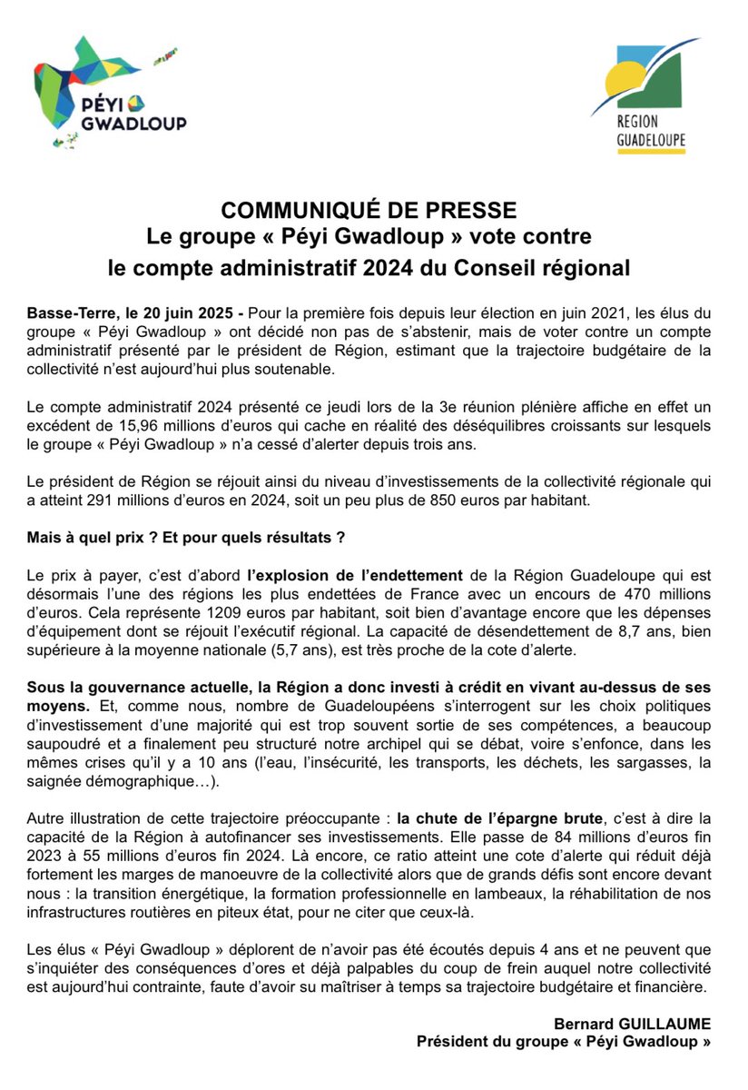 Pour la 1e fois depuis 2021, les élus « Péyi Gwadloup » ont voté contre le compte administratif 2024 du <a href="/CRGuadeloupe/">Région Guadeloupe</a>.
L’excédent présenté par l’exécutif est un trompe l’œil qui masque l’endettement qui explose et une réduction des marges de manœuvre budgétaires et financières.⤵️
