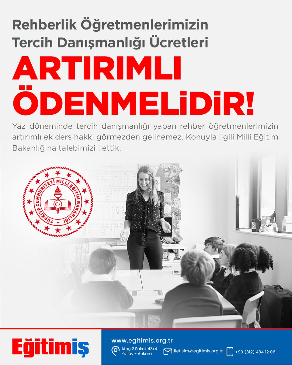 Yaz döneminde tercih danışmanlığı yapan rehber öğretmenlerimizin artırımlı ek ders hakkı görmezden gelinemez. Konuyla ilgili Milli Eğitim Bakanlığına talebimizi ilettik.

Açıklamanın Tamamını Okumak İçin Tıklayınız;
egitimis.org.tr/guncel/sendika…

#meb #rehberöğretmen