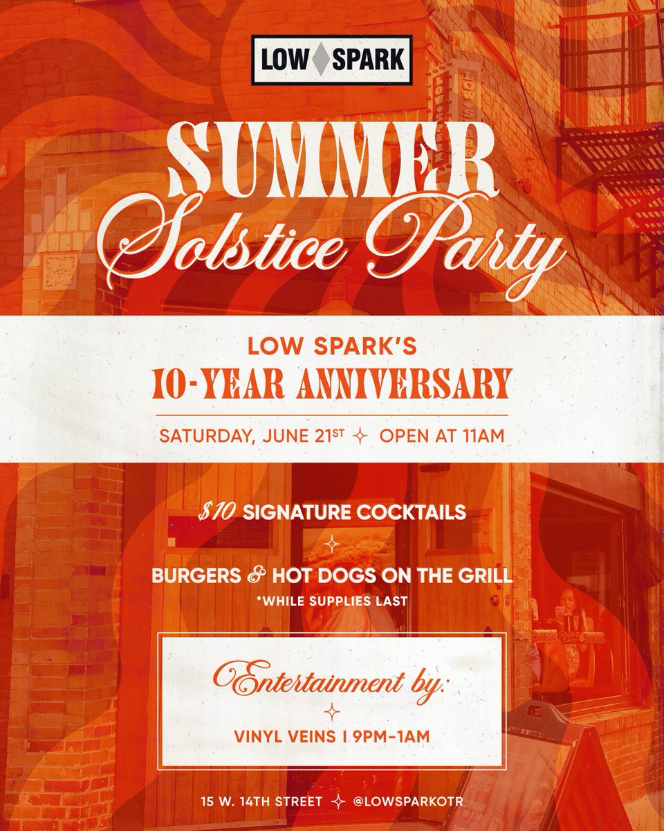 Cheers! Tomorrow's the day; Low Spark is TEN! All the fun starts Saturday at 11am 🥳 Join us after City Flea at Washington Park or World Cup match at TQL Stadium!

🍸 $10 signature cocktails
🍔 Burgers &amp; dogs on the grill
💿 Entertainment by Vinyl Veins, 9pm

📍 15 W. 14th Street