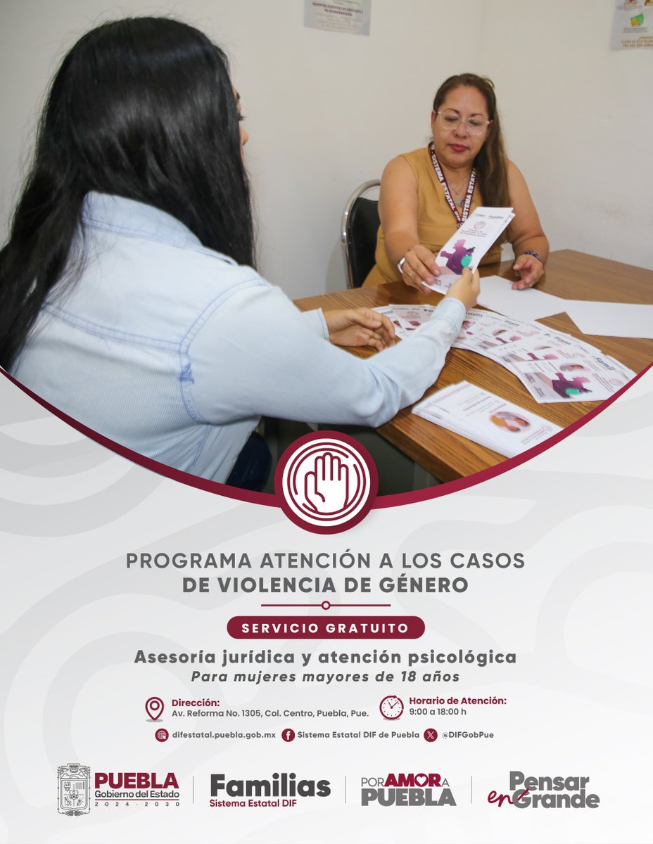 🌈 Aquí hay un lugar donde puedes empezar de nuevo.

En Puebla, te ofrecemos apoyo legal y psicológico gratuito si enfrentas violencia.

Con empatía. Con cuidado. Sin juicios.

📍 Reforma 1305, Col. Centro

🗺️ maps.app.goo.gl/xabgLqbxoVgPjM…

#PorAmorAPuebla 💖 #PensarEnGrande 🚀