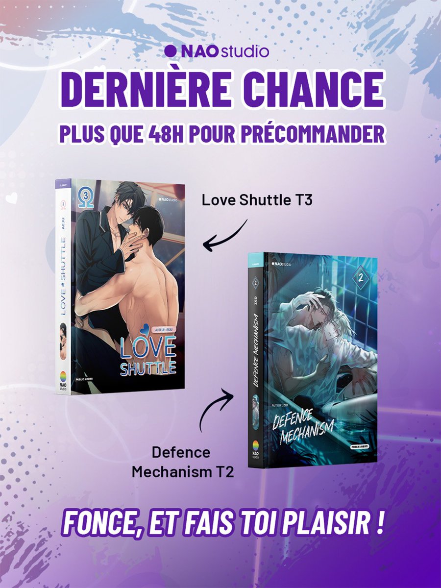 blAddictbyNao's tweet image. 🚨 DERNIÈRE LIGNE DROITE ! 🚨
Les précommandes de Love Shuttle T.3 et Defence Mechanism T.2 ferment dans 48h ⏳
Ils sont actuellement en impression… et après ce délai, ce sera trop tard !
👉 C’est votre dernière chance pour les précommander et surtout pour débloquer les…