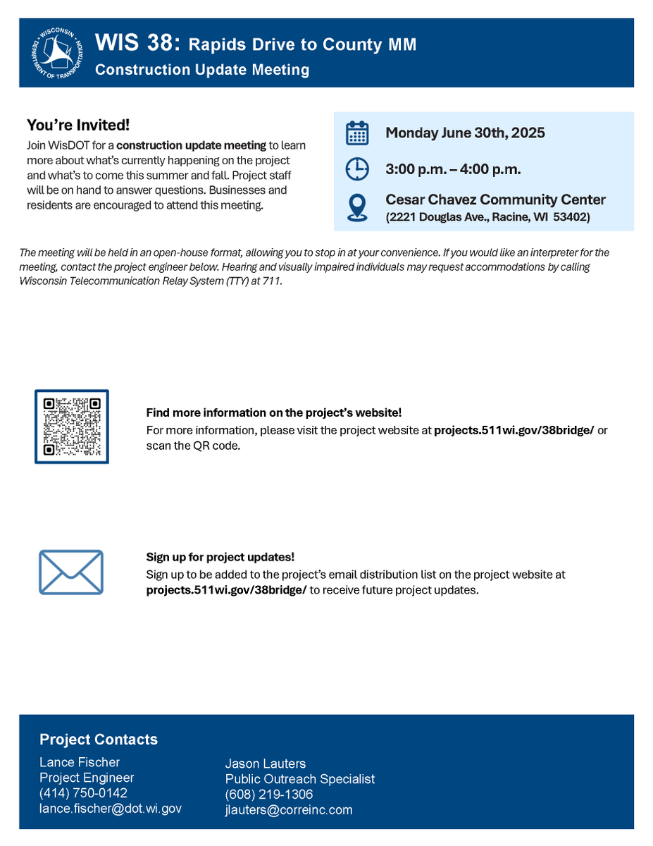 Mount Pleasant (@mountpleasantwi) on Twitter photo The <a href="/WisDOTsoutheast/">WisDOT Southeast Region</a> is hosting a construction update meeting for the WIS 38 bridge project. Stop by to learn more about what's to come this summer and fall. Details below 👇 The <a href="/WisDOTsoutheast/">WisDOT Southeast Region</a> is hosting a construction update meeting for the WIS 38 bridge project. Stop by to learn more about what's to come this summer and fall. Details below 👇