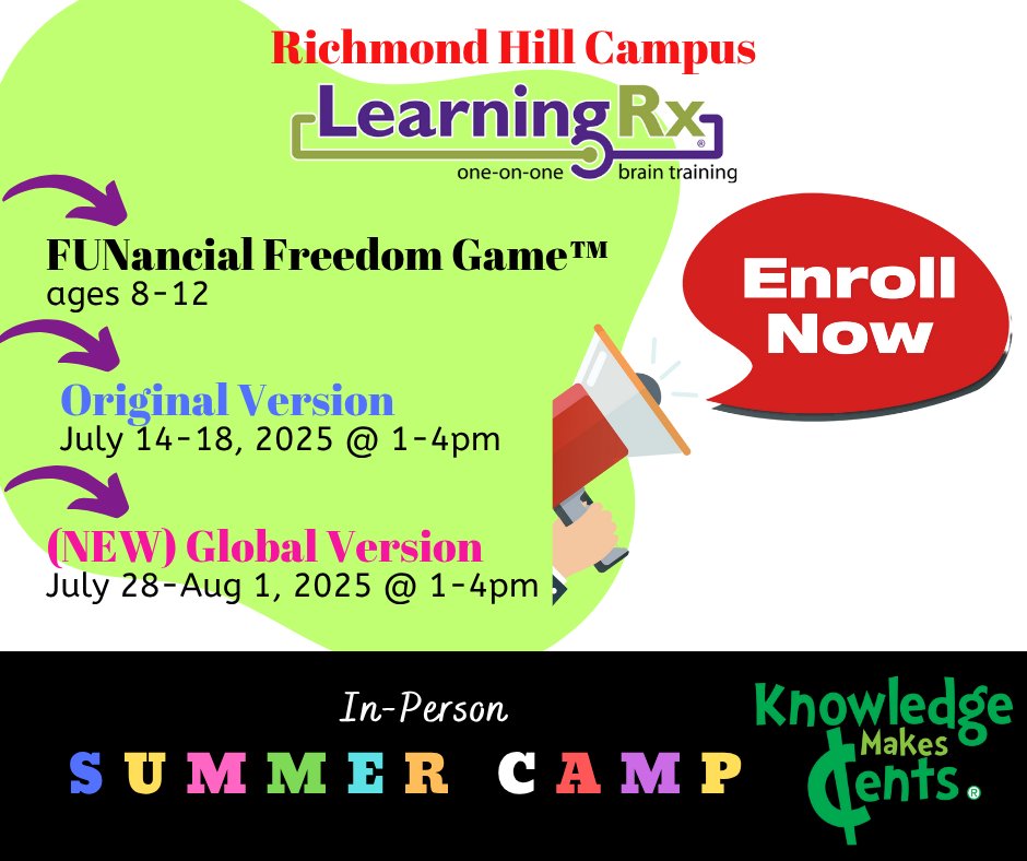 KMCents's tweet image. Register NOW for our most popular #summercamp program #FUNancialFreedomGame  at our partner camp #LearningRx in #RichmondHill

July 14-18: Original Version of FFG 

July 28-Aug1: New Global Version of FFG (great for those who took the Original Version already)

#summercamp2025