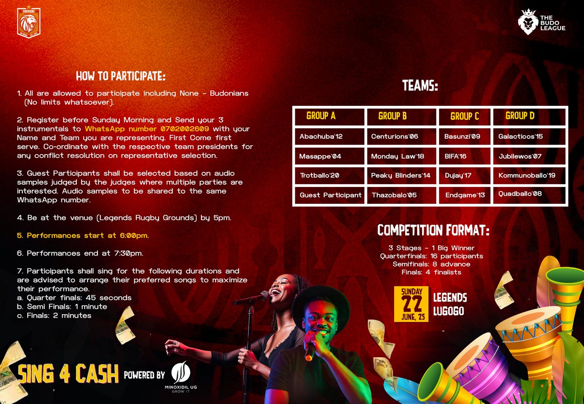 The big game of the night..🤑💵

Got what it takes to sing your way to 500k and other great prizes? The Endgame Carnival brings you #Sing4Cash powered by <a href="/minoxidilug/">Minoxidil Uganda</a> this Sunday at <a href="/TheBudoLeague/">The Budo League</a>

Prep your team for an epic sing-off
#TheEndgame #TheFinalBend