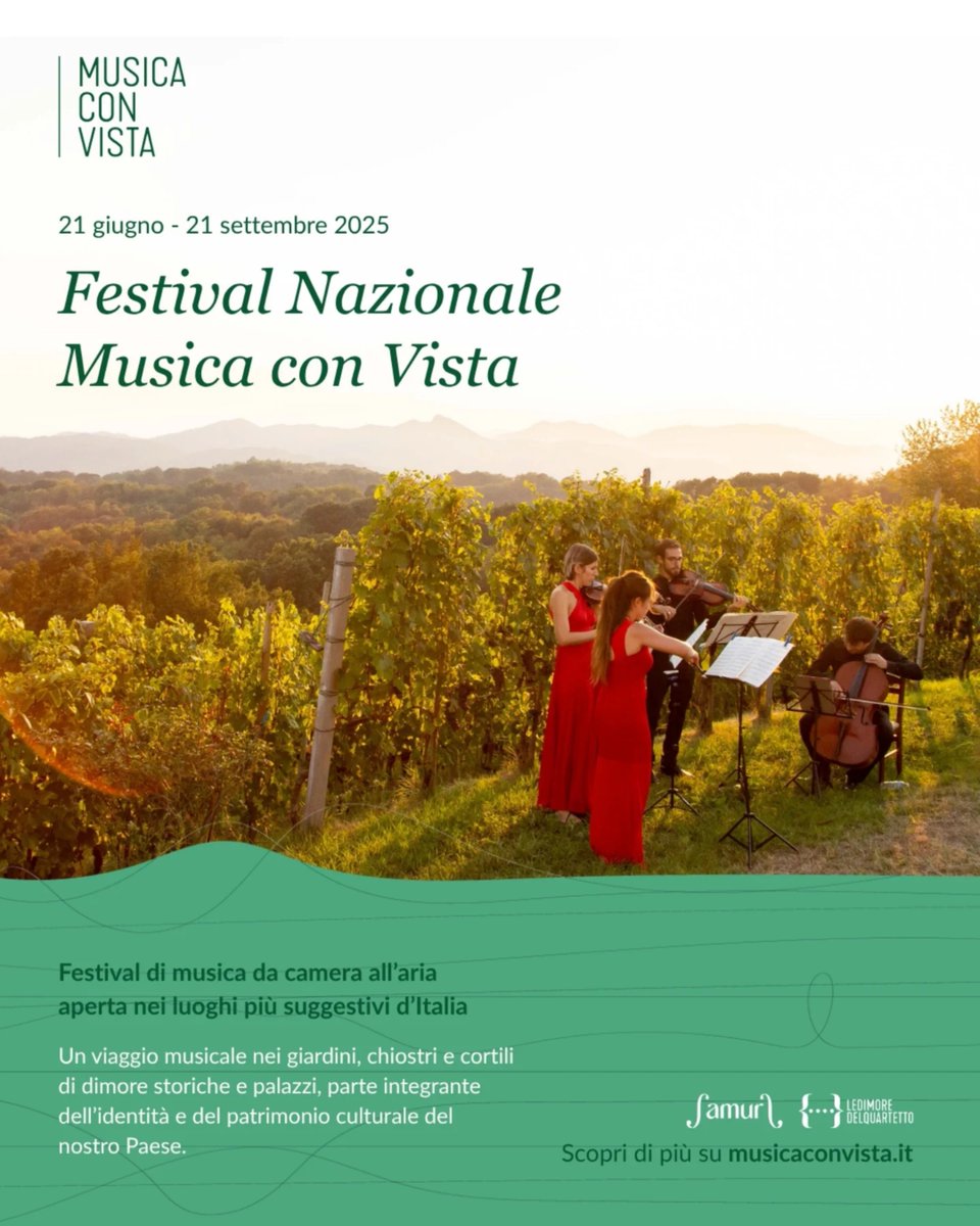 ✨ Un’estate di musica, bellezza e scoperta.
Riparte Musica con Vista, il festival che trasforma giardini segreti, chiostri e dimore storiche nei teatri più suggestivi d’Italia.

🎻 37 concerti, da giugno, nelle città e nei borghi più belli del Paese: musicaconvista.it
