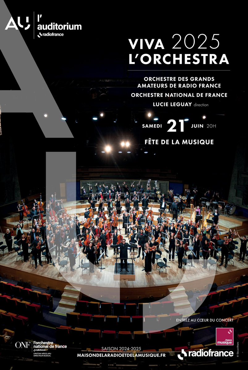 À samedi pour la Fête de la musique du 21 juin et le grand concert de Viva l’Orchestra 2025 à l’Auditorium de @RadioFrance ! 🎻🎼💥

Concert gratuit, réservation sur notre site et diffusion en direct sur @FranceMusique !

maisondelaradioetdelamusique.fr/evenement/viva…
 
#vivalorchestra