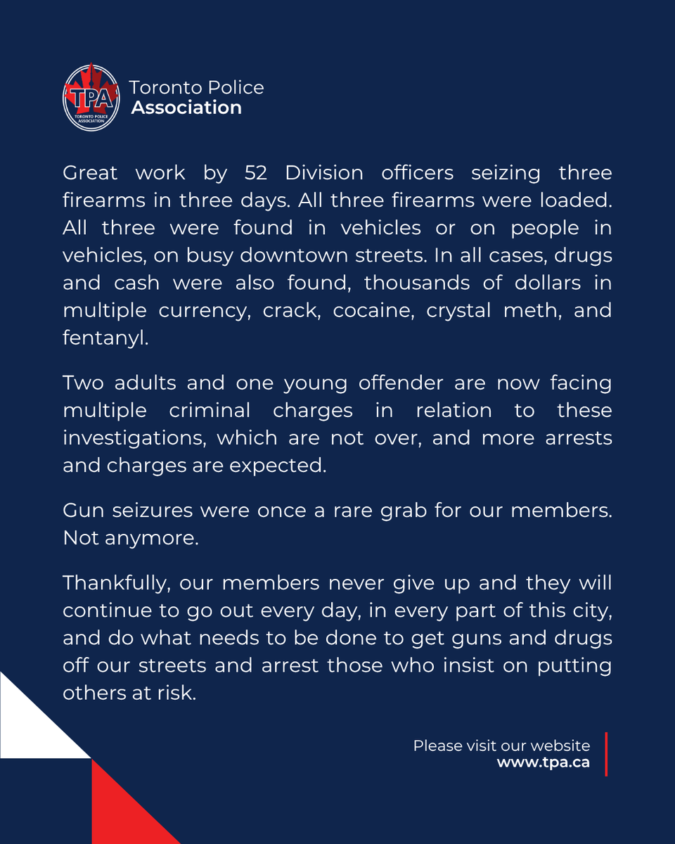 Toronto Police Association (@tpaca) on Twitter photo Our members are pulling loaded guns off people in cars on downtown streets and somehow, this has become normal.
They’re doing their job. When is the rest of the system going to do theirs?
Great work by <a href="/TPS52Div/">Toronto Police Service - 52 Division</a> and all our members.
#TPAProud #GunViolence Our members are pulling loaded guns off people in cars on downtown streets and somehow, this has become normal.
They’re doing their job. When is the rest of the system going to do theirs?
Great work by <a href="/TPS52Div/">Toronto Police Service - 52 Division</a> and all our members.
#TPAProud #GunViolence