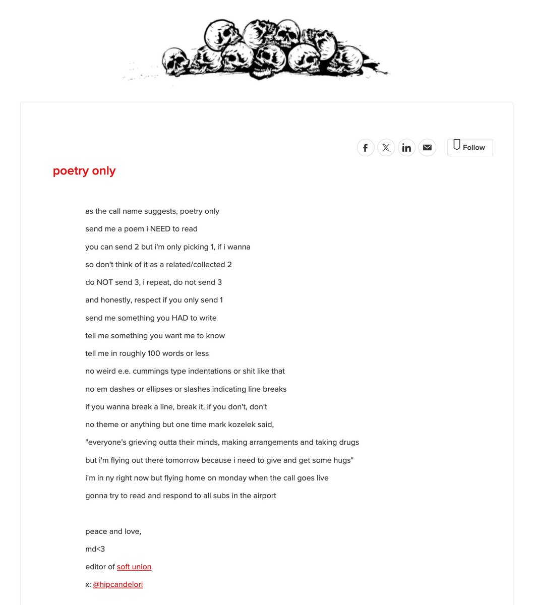 yooooo……md here…..you have the weekend to get a nice poem together for me……call opens on monday at lunchtime