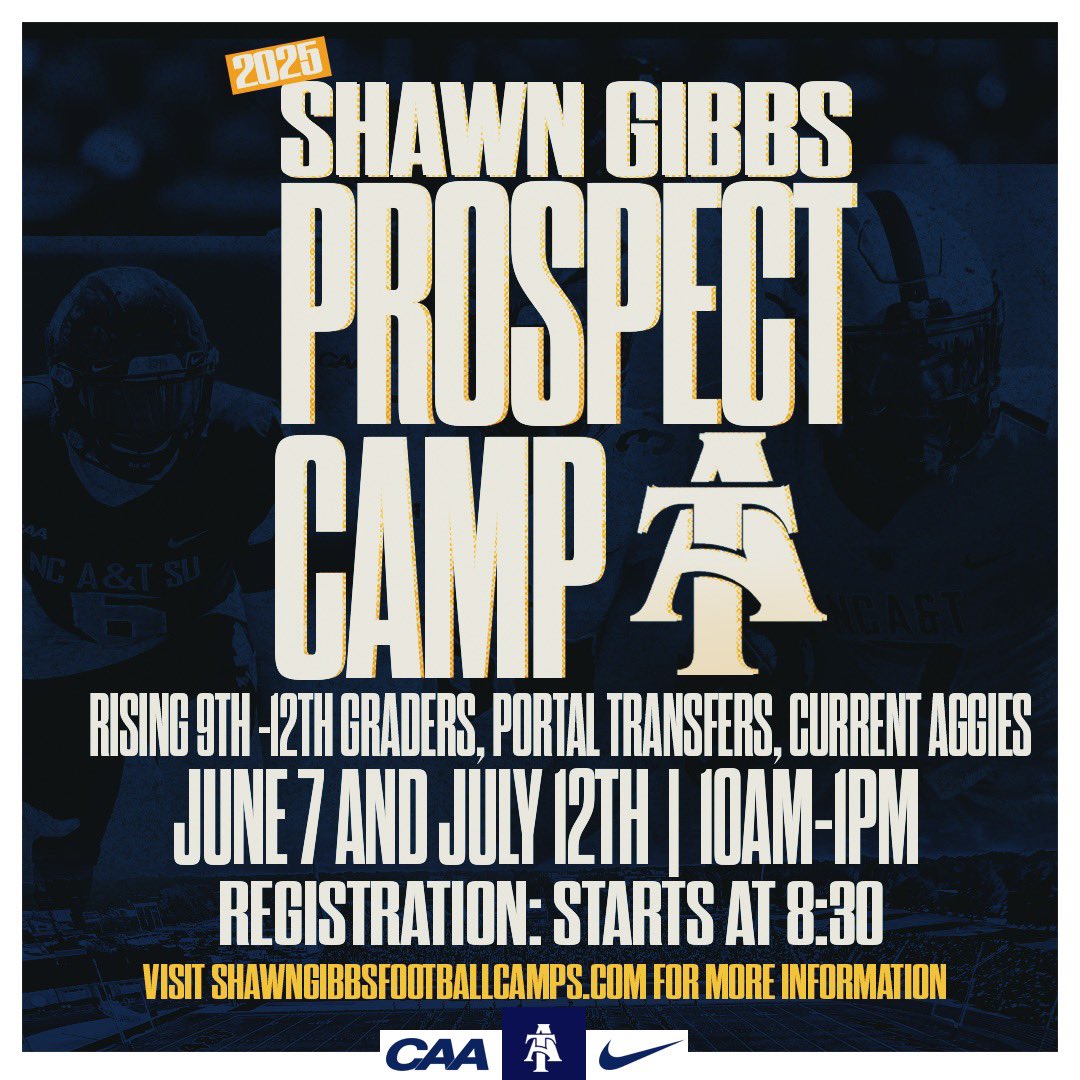 Don’t miss your last chance to learn some new techniques and get evaluated before you kick off summer training camp and football season,  Slots are still available for NC A&amp;T/Shawn Gibbs prospect camp on July 12th! Show up and show out!

shawngibbsfootballcamp.totalcamps.com/About%20Us